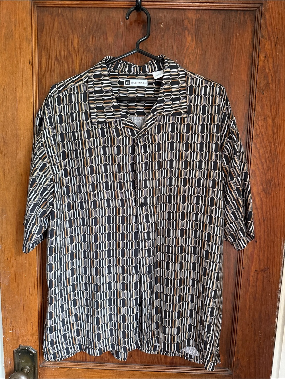 Bachrach Black Geo-Print Short Sleeve Shirt - Silk, Size L